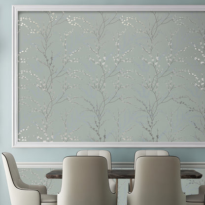 West Coast Branch – Peel and Stick Wallpaper Panel 16 x 24" in Soft Green with Silver Foil Leaves