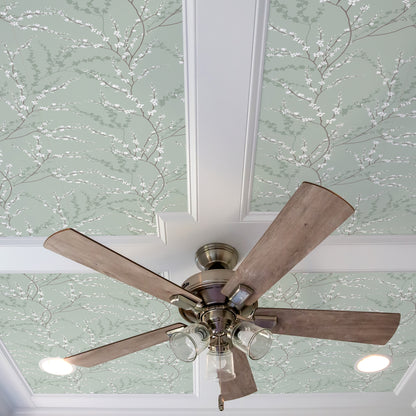 West Coast Branch – Peel and Stick Wallpaper Panel 16 x 24" in Soft Green with Silver Foil Leaves