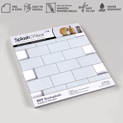 White Subway Backsplash – Peel and Stick Vinyl Tile 10x10" (4-Pack) in Sculpted Gloss Finish