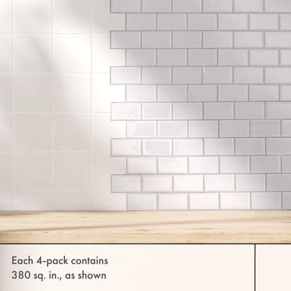 White Subway Backsplash – Peel and Stick Vinyl Tile 10x10" (4-Pack) in Sculpted Gloss Finish