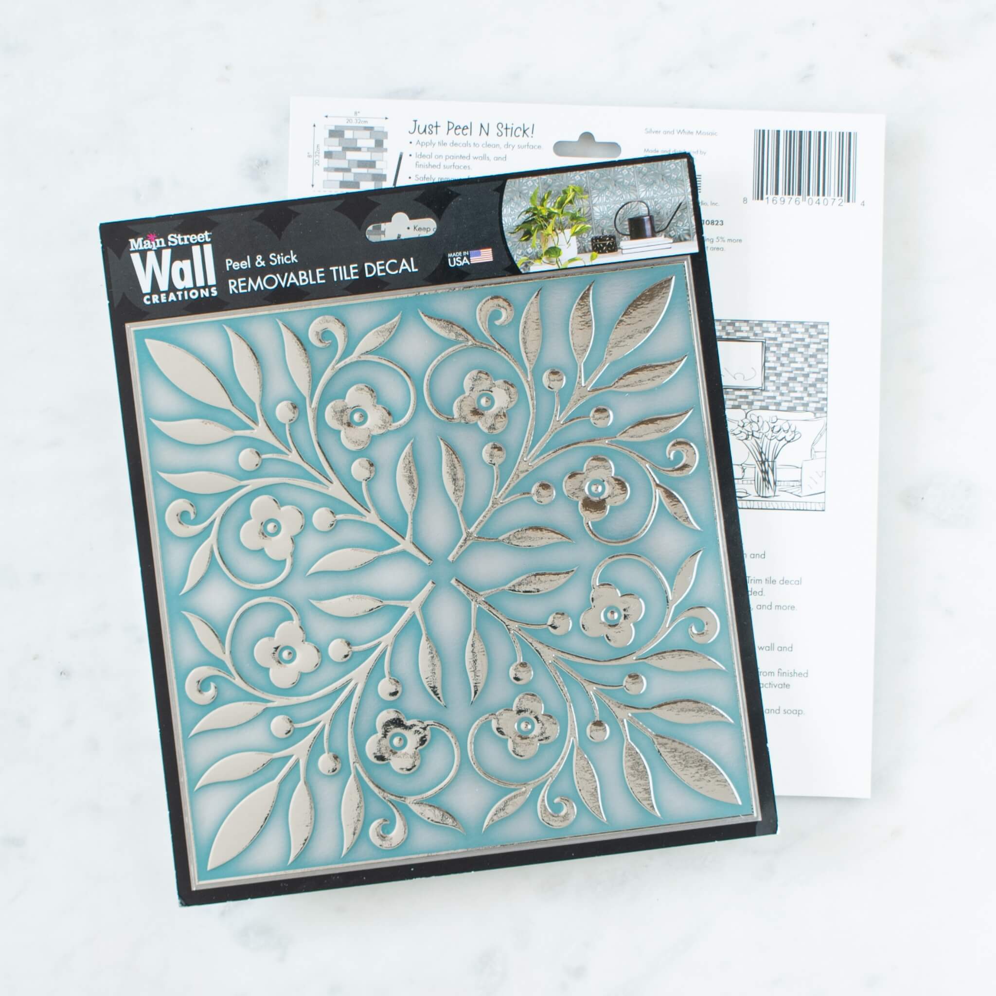 Teal and Silver Leaves Peel and Stick Wallpaper Tile - 24 Pack