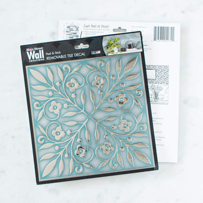 Teal and Silver Leaves – Peel and Stick Tile Decal 8 x 8" in Coastal Sparkle