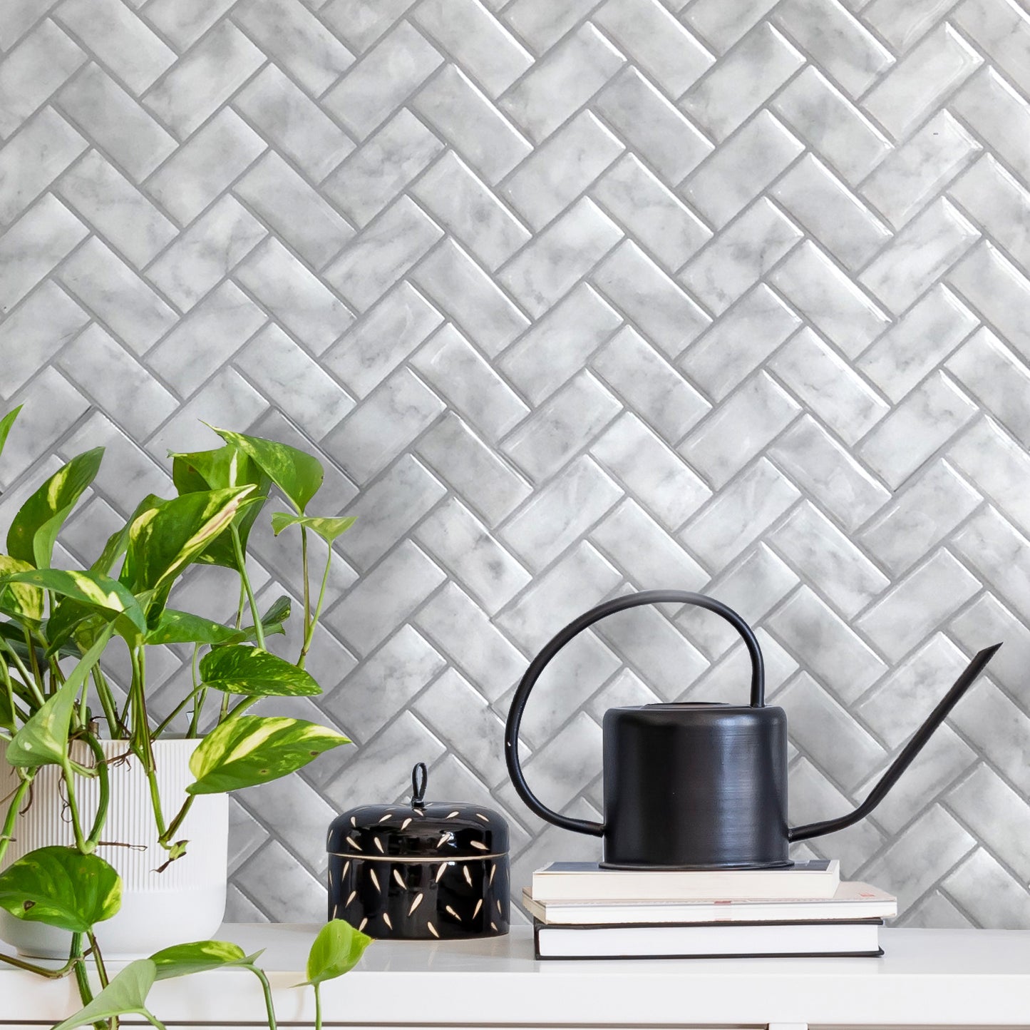 Marble Herringbone – Peel and Stick Backsplash Tile in Sculpted Faux Marble Finish
