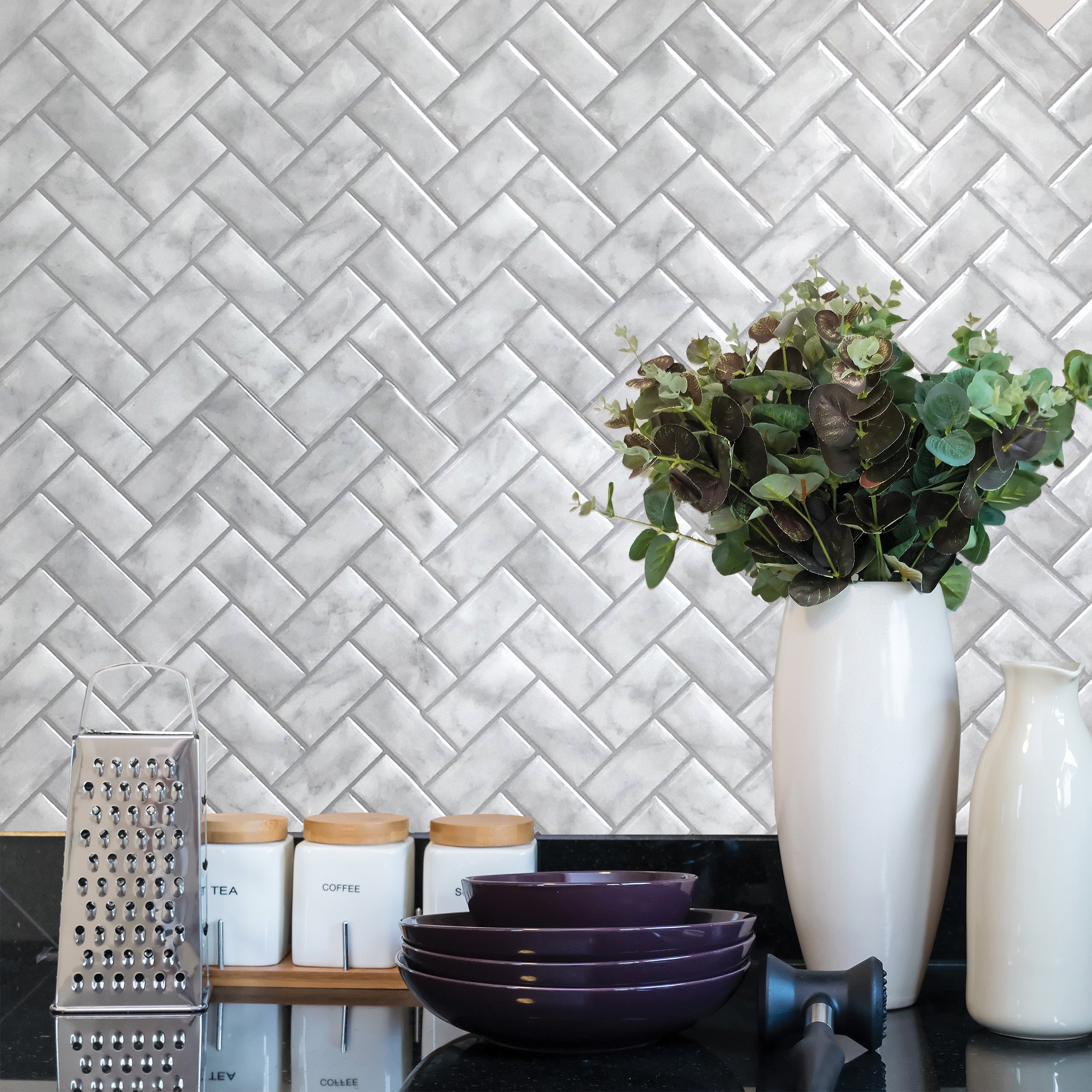 Marble Herringbone Peel and Stick Backsplash Tile - 4 Pack or 8 Pack