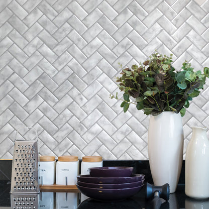 Marble Herringbone – Peel and Stick Backsplash Tile in Sculpted Faux Marble Finish