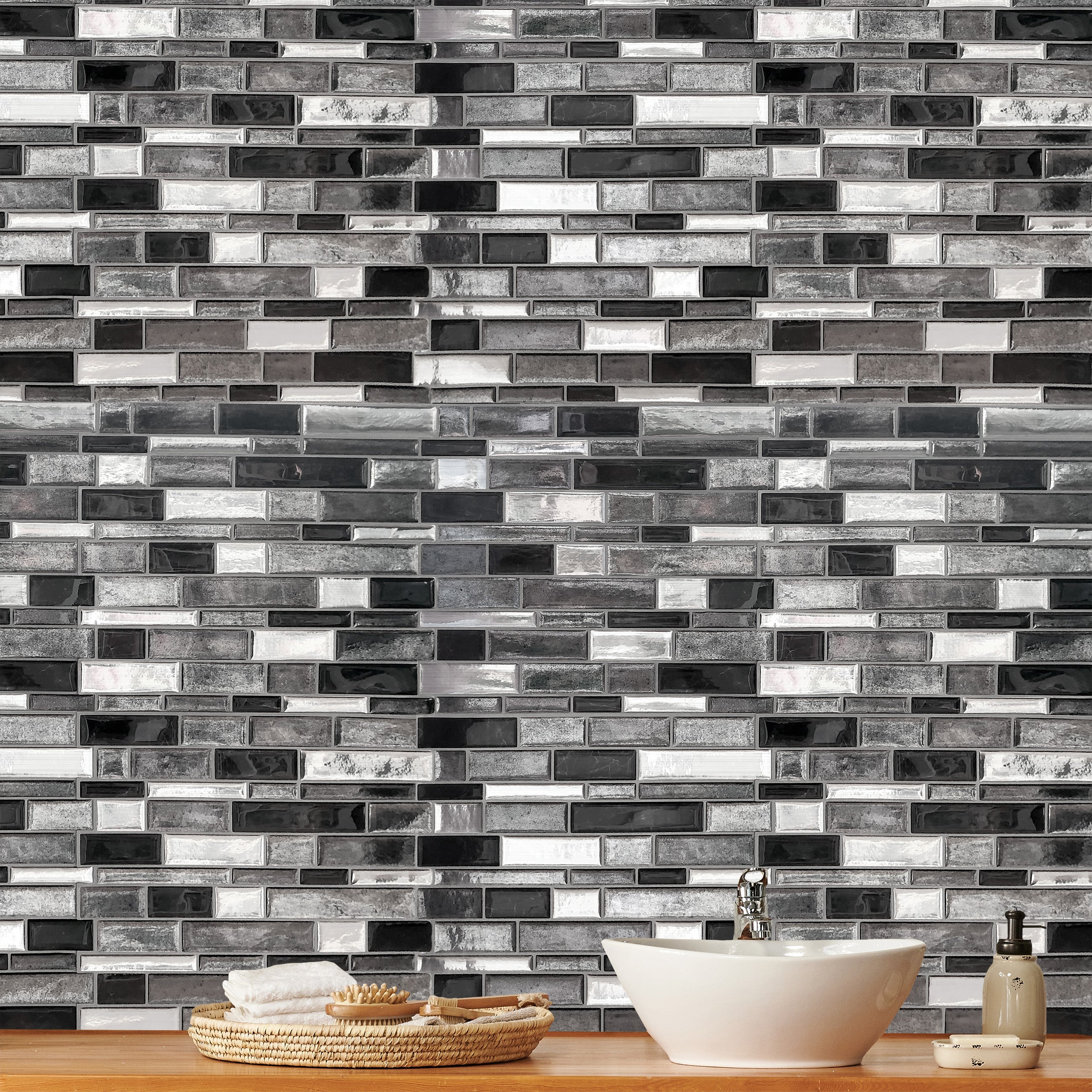 Silver and Black Mosaic Peel and Stick Backsplash Tile - 4 Pack or 8 Pack