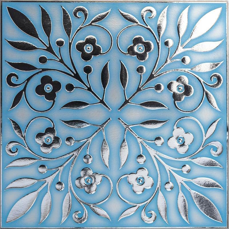Blue and Silver Leaves Tile – Removable 8x8" Peel and Stick Coastal Wall Tile for DIY & Home Decor