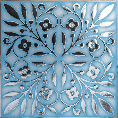Blue and Silver Leaves Tile – Removable 8x8" Peel and Stick Coastal Wall Tile for DIY & Home Decor