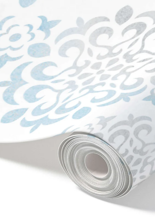 Blue Damask – Peel and Stick Wallpaper Roll 20.5" x 16 ft in Powder Blue and Taupe Damask Print