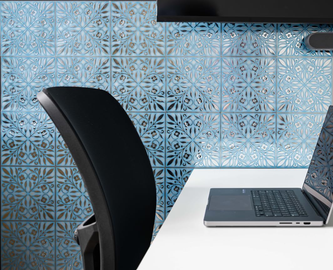 Blue and Silver Leaves Peel and Stick Wallpaper Tiles - 24 Pack
