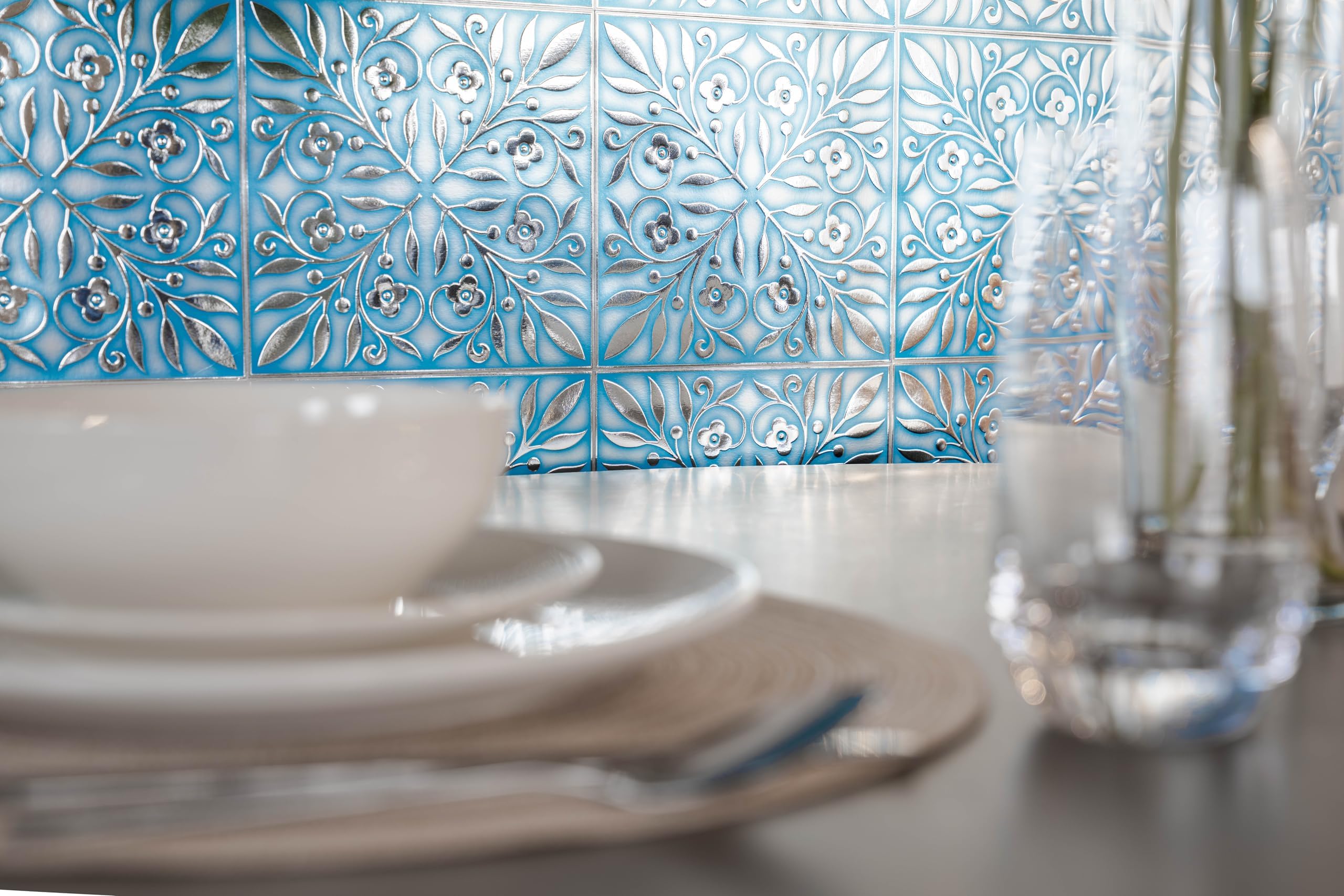 Blue and Silver Leaves Peel and Stick Wallpaper Tiles - 24 Pack