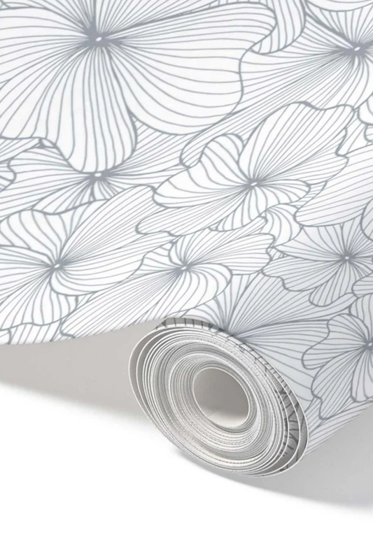 Silver Flowers – Peel and Stick Wallpaper Roll 20.5" x 16 ft in Metallic Floral Print