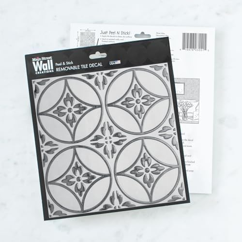 Floral Circles – Peel and Stick Wallpaper Tiles 8" x 8" in Silver Flower Design