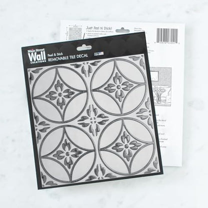 Floral Circles – Peel and Stick Wallpaper Tiles 8" x 8" in Silver Flower Design