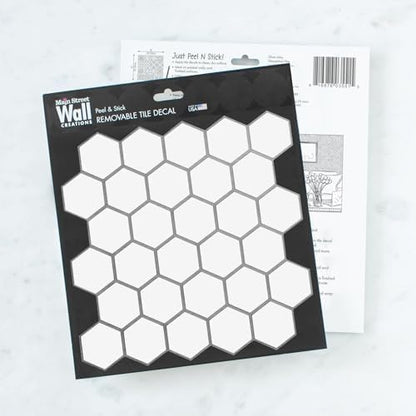 White Silver Hexagon – Peel and Stick Wallpaper Tiles 8" x 8" in Geometric Hexagon Design
