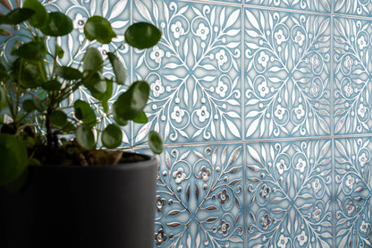 Blue and Silver Leaves Tile – Removable 8x8" Peel and Stick Coastal Wall Tile for DIY & Home Decor