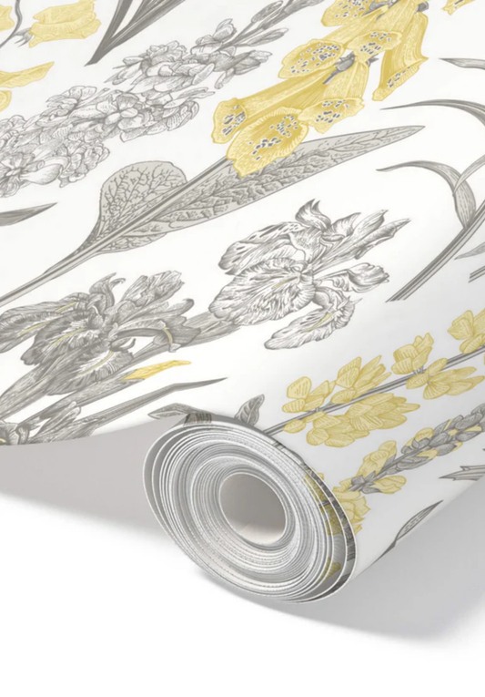 Yellow & Grey Botanical – Peel and Stick Wallpaper Roll 20.5" x 16 ft in Vintage Floral Modern