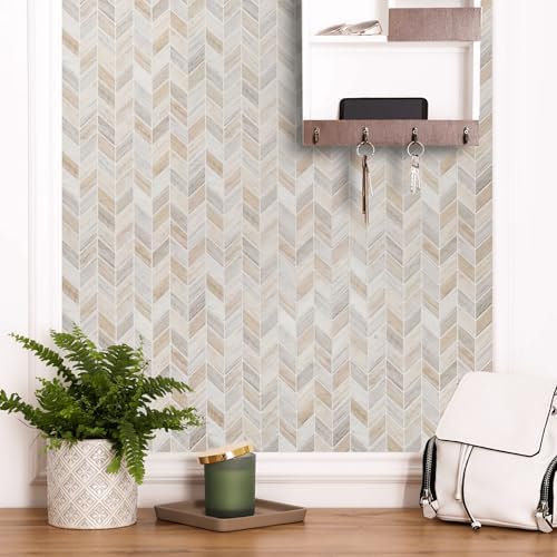 Earth Herringbone – Peel and Stick Wallpaper Tiles 8" x 8" in Natural Textured Pattern
