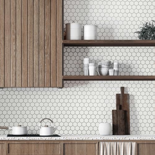 White Silver Hexagon – Peel and Stick Wallpaper Tiles 8" x 8" in Geometric Hexagon Design