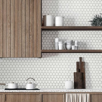 White Silver Hexagon – Peel and Stick Wallpaper Tiles 8" x 8" in Geometric Hexagon Design