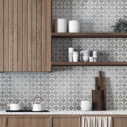 Floral Circles – Peel and Stick Wallpaper Tiles 8" x 8" in Silver Flower Design