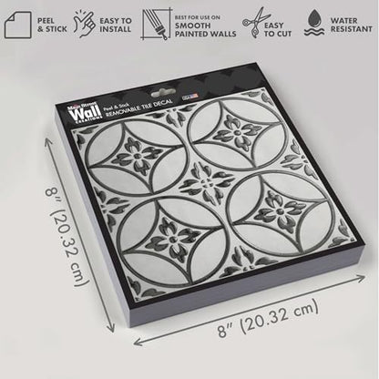 Floral Circles – Peel and Stick Wallpaper Tiles 8" x 8" in Silver Flower Design