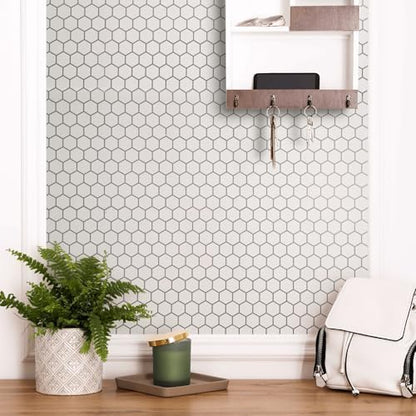 White Silver Hexagon – Peel and Stick Wallpaper Tiles 8" x 8" in Geometric Hexagon Design