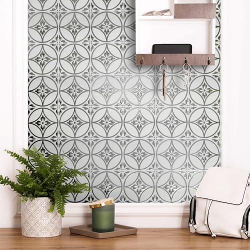 Floral Circles – Peel and Stick Wallpaper Tiles 8" x 8" in Silver Flower Design