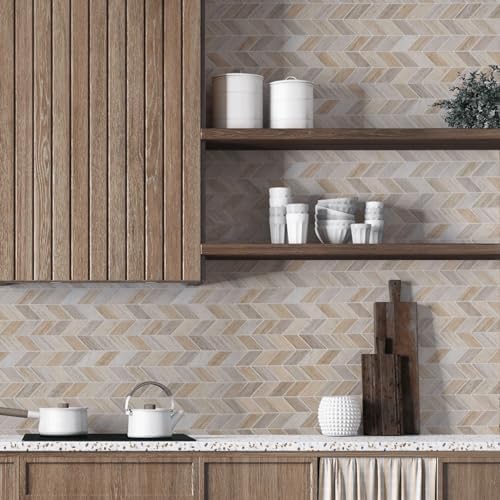 Earth Herringbone – Peel and Stick Wallpaper Tiles 8" x 8" in Natural Textured Pattern