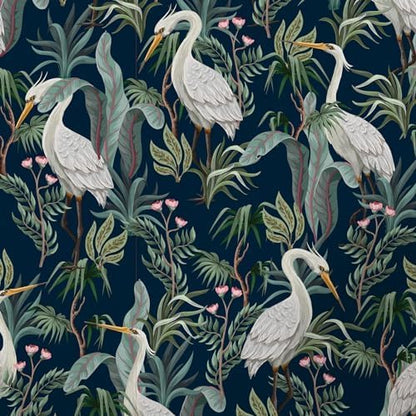No Egrets – Peel and Stick Wallpaper Panel 16 x 24" in Navy with Birds and Botanicals
