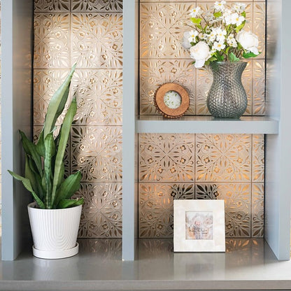 White and Gold Leaves Peel and Stick Tile – Removable 8x8" Decorative Wall Decal for Elegant Home & DIY Projects