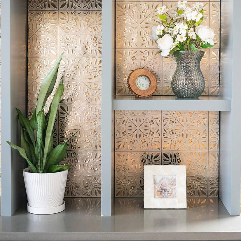 White and Gold Leaves Peel and Stick Wallpaper Tiles - 24 Pack