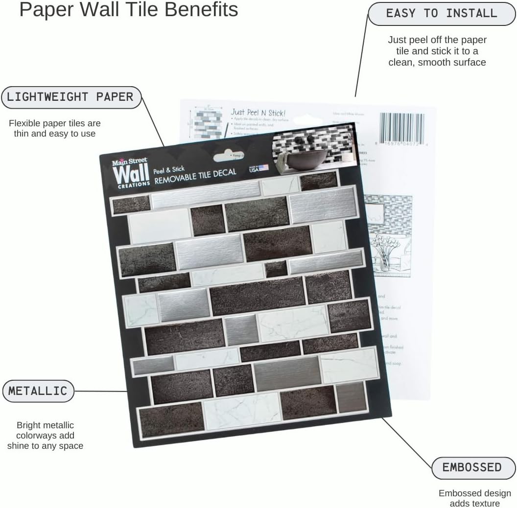 Silver and White Mosaic Peel and Stick Wallpaper Tiles - 24 Pack