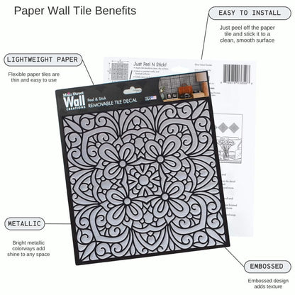 Silver Inked Garden – Peel and Stick Wall Tile Decal 8x8" in Metallic Black Floral Design