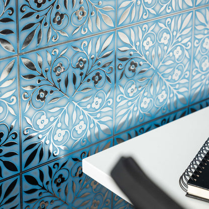 Blue and Silver Leaves Tile – Removable 8x8" Peel and Stick Coastal Wall Tile for DIY & Home Decor