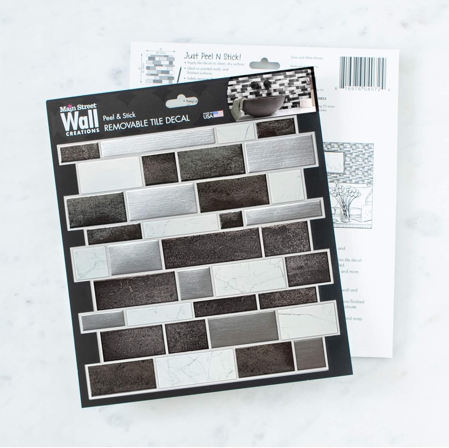 Silver and White Mosaic Peel and Stick Wallpaper Tiles - 24 Pack