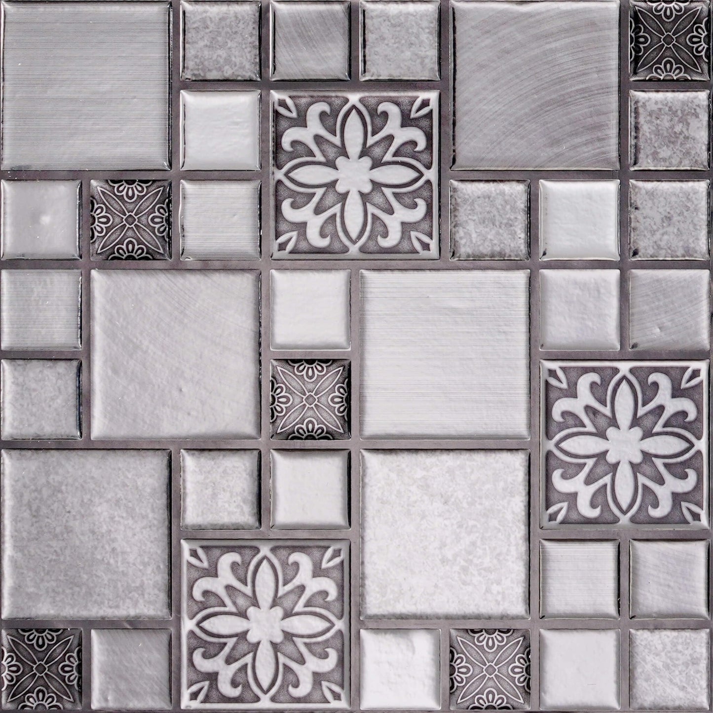 Silver Mosaic Squares – Peel and Stick Backsplash Tile 10.5x10.5" in Sculpted Metallic Finish