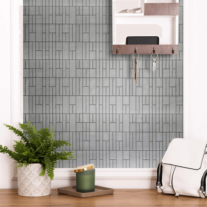 Brushed Silver – Peel and Stick Wallpaper Tiles 8" x 8" in Metallic Faux-Tin Finish