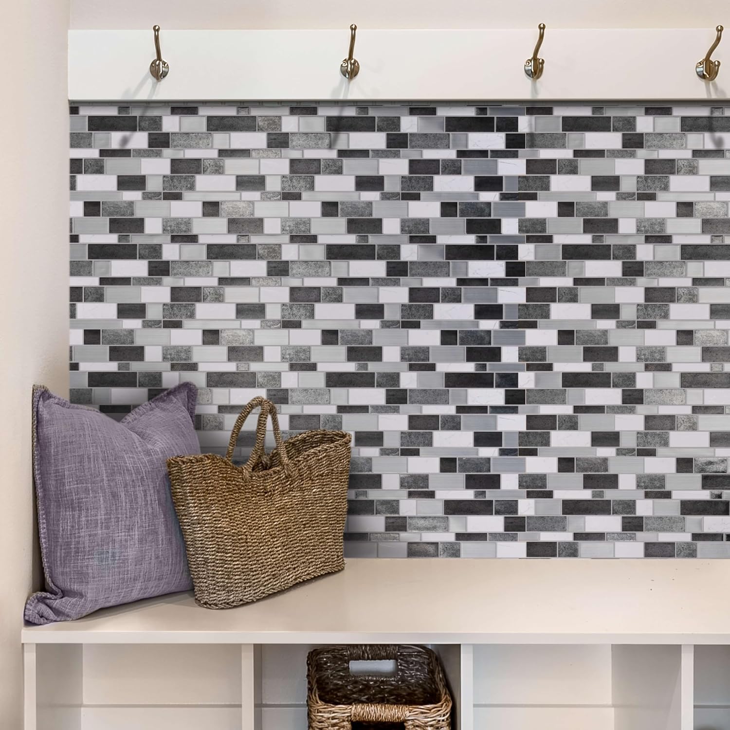 Silver and White Mosaic Peel and Stick Wallpaper Tiles - 24 Pack