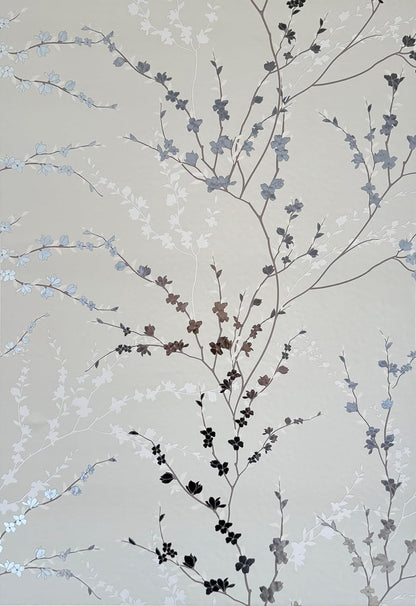 West Coast Branch – Peel and Stick Wallpaper Panel 16 x 24" in Soft Green with Silver Foil Leaves