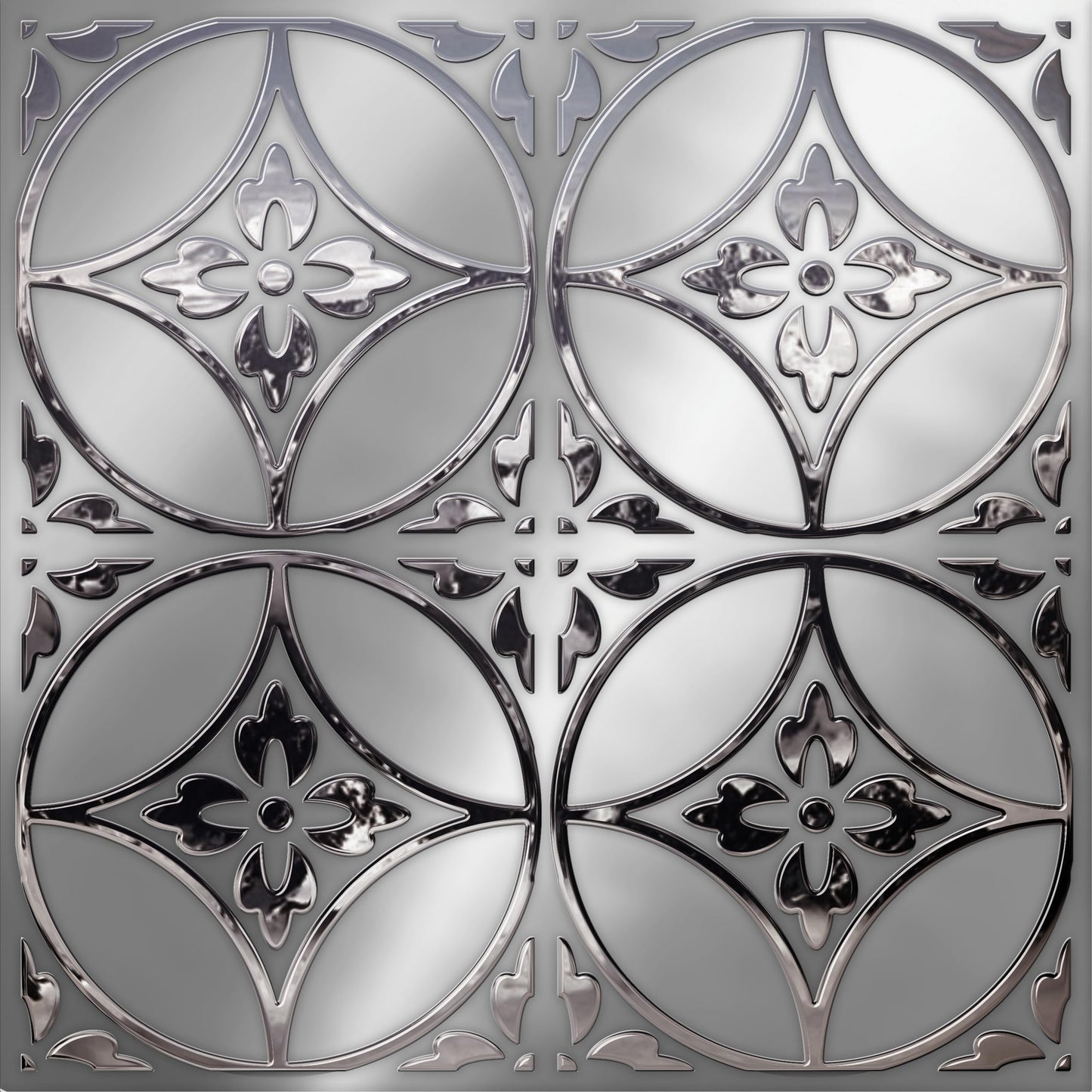Floral Circles – Peel and Stick Wallpaper Tiles 8" x 8" in Silver Flower Design