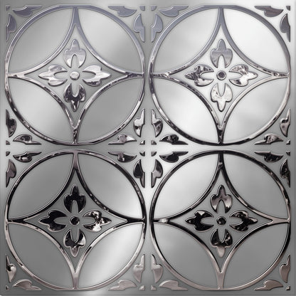 Floral Circles – Peel and Stick Wallpaper Tiles 8" x 8" in Silver Flower Design