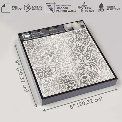 White Silver Inlay Decorative Peel and Stick Tile – Removable 8x8" Wallpaper Accent for DIY & Home Decor