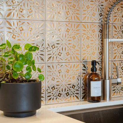 White and Gold Leaves Peel and Stick Tile – Removable 8x8" Decorative Wall Decal for Elegant Home & DIY Projects