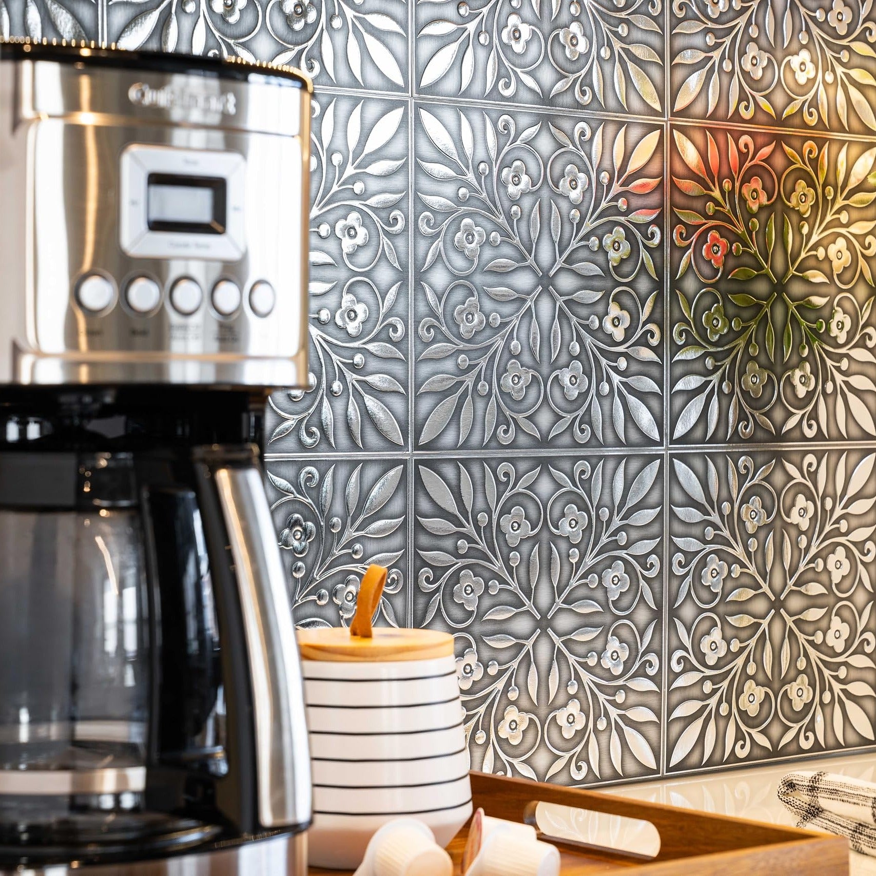 Brushed Nickel and Silver Leaves Peel and Stick Wallpaper Tiles - 24 Pack