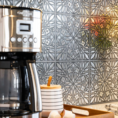 Brushed Nickel and Silver Leaves - 8x8" Peel and Stick Tile Removable Metallic Wall Decal