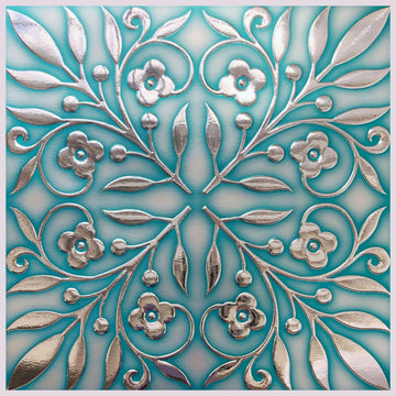 Teal and Silver Leaves Peel and Stick Wallpaper Tile - 24 Pack