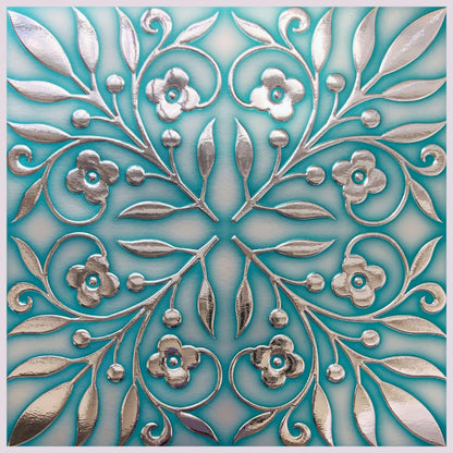 Teal and Silver Leaves – Peel and Stick Tile Decal 8 x 8" in Coastal Sparkle