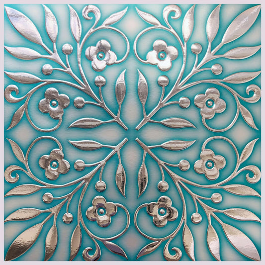 Teal and Silver Leaves – Peel and Stick Tile Decal 8 x 8" in Coastal Sparkle