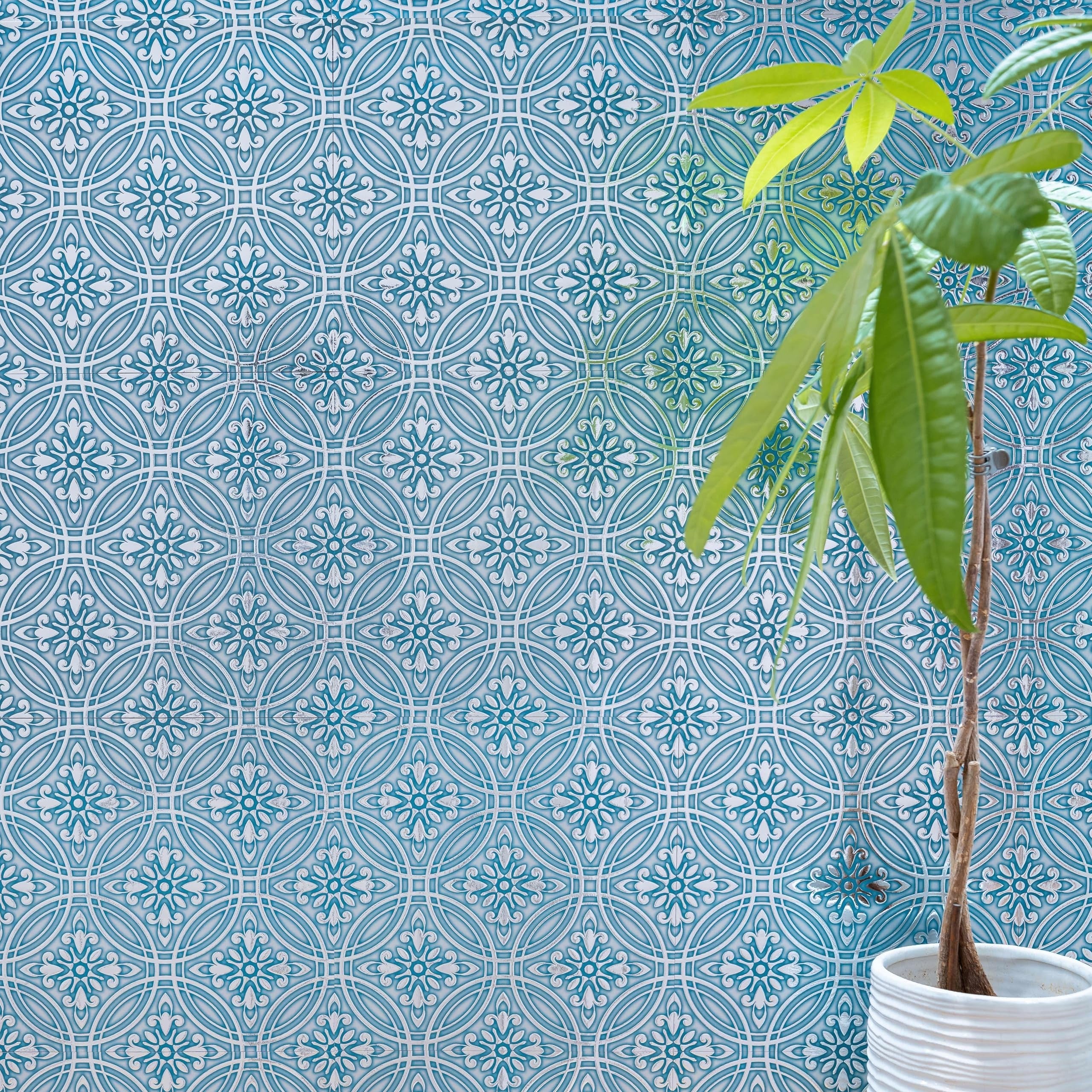 Teal Painted Silver Peel and Stick Wallpaper Tiles - 24 Pack